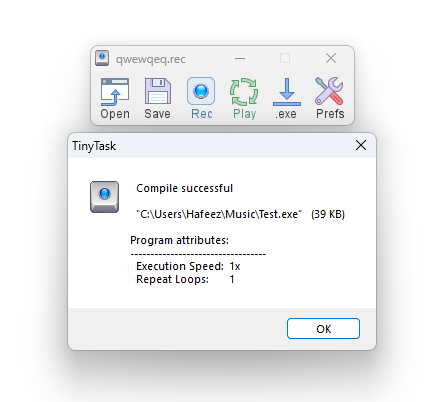 The TinyTask compile report listing the execution speed written into the file