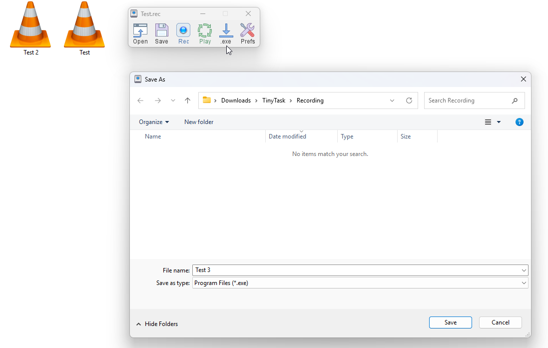 The TinyTask save dialog with the file type set to a program file