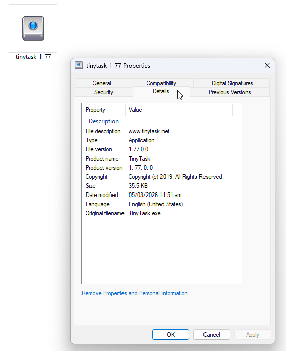 Windows file properties showing the program is a Windows application