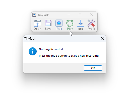 The Nothing Recorded dialog shown when there is no macro in memory