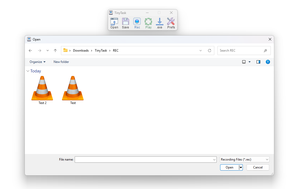 The TinyTask open dialog, filtered to recording files
