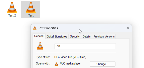 File properties showing a saved recording associated with a media player