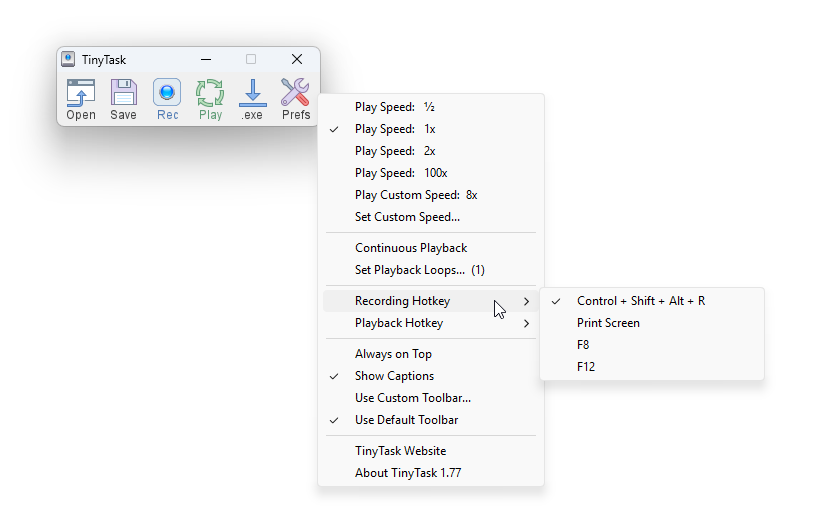 TinyTask Prefs menu open at the Recording Hotkey submenu