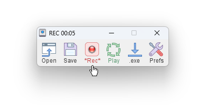 TinyTask recording, with the counter running in the title bar