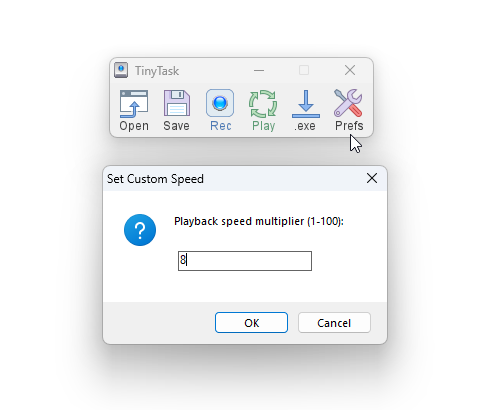 The TinyTask custom speed dialog showing the accepted multiplier range