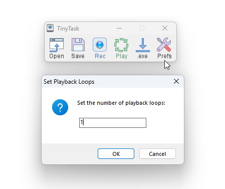 The TinyTask dialog asking for the number of playback loops