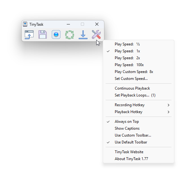 The TinyTask toolbar with the button labels hidden