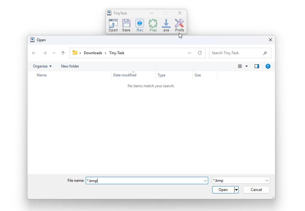 The TinyTask open dialog filtered to bitmap files only