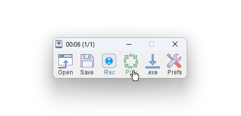 TinyTask during playback, the title bar showing elapsed time and the loop position