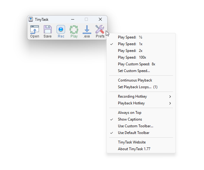 The full TinyTask Prefs menu with every option visible