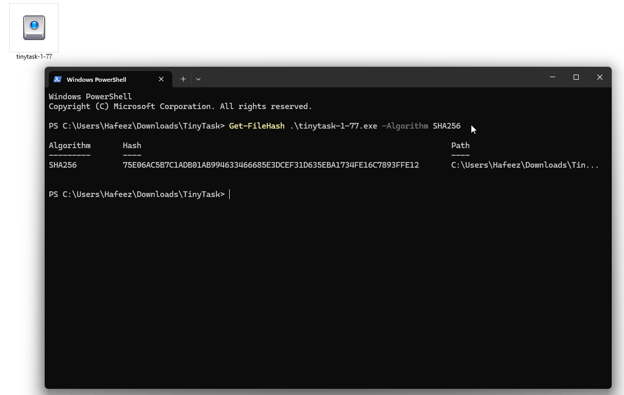 PowerShell showing the hash command and its full output